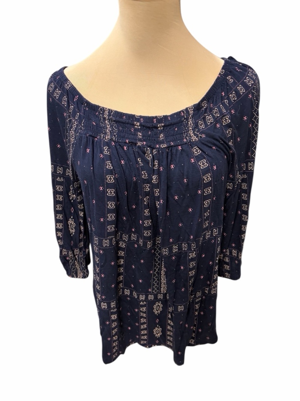 Maurices Navy Boho Tunic Top Pink Print 3/4 Sleeve M